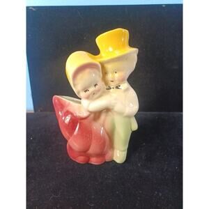 Vintage Ceramic Dancing Boy & Girl Planter Yellow Hats Red Dress Love Retro Fun
